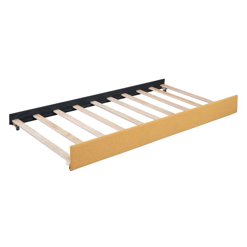 Twin Daybed Frame Linen Upholstered Sofa Bed L Shaped Backrest Mattress Holde Slat Support with Twin Size Trundle - Yellow