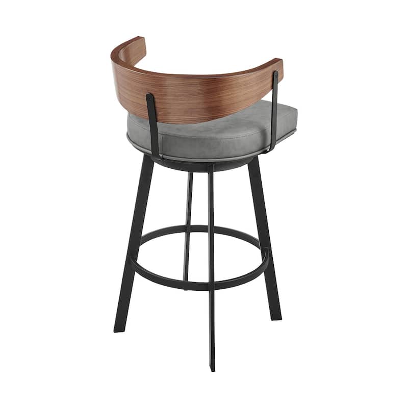 Gray Brown and Black Faux Leather and Iron Low Back Counter Height Swivel Bar Chair