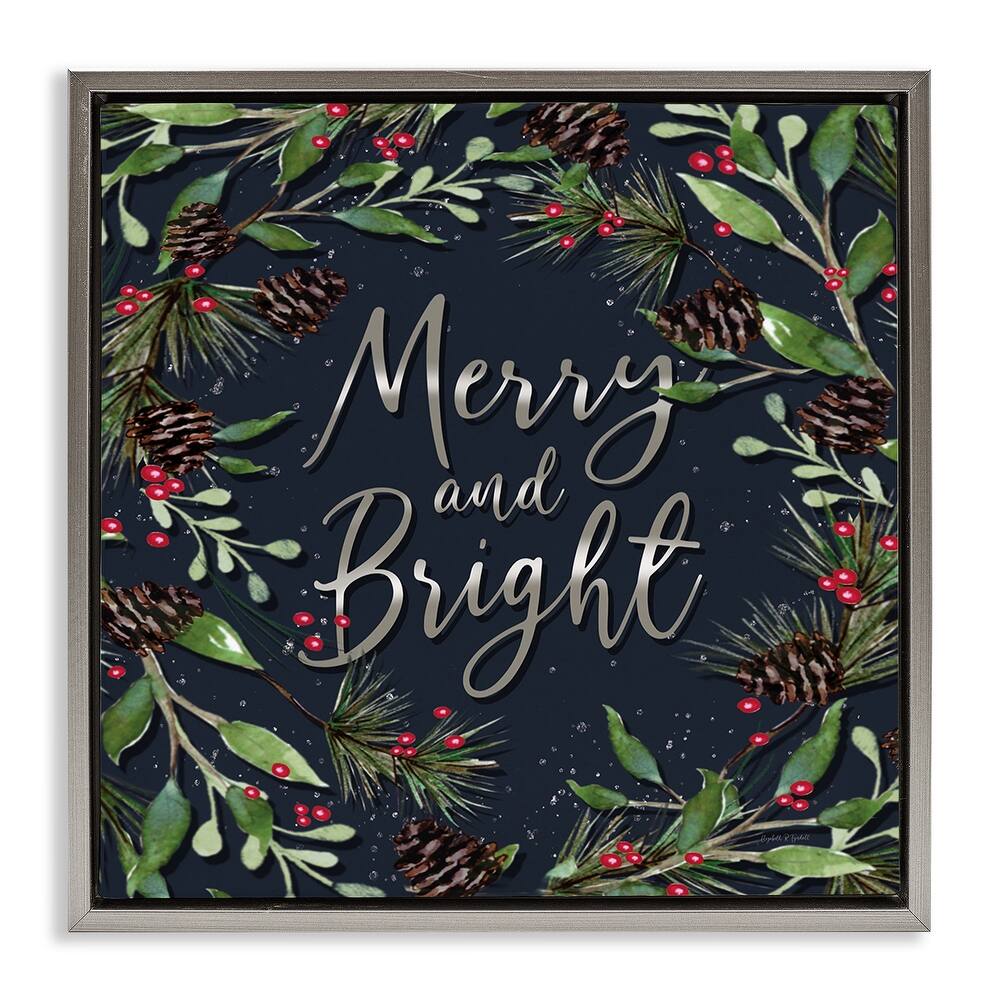 Stupell Merry & Bright with Holly Leaves Framed Floater Canvas Wall Art Design By Elizabeth Tyndall