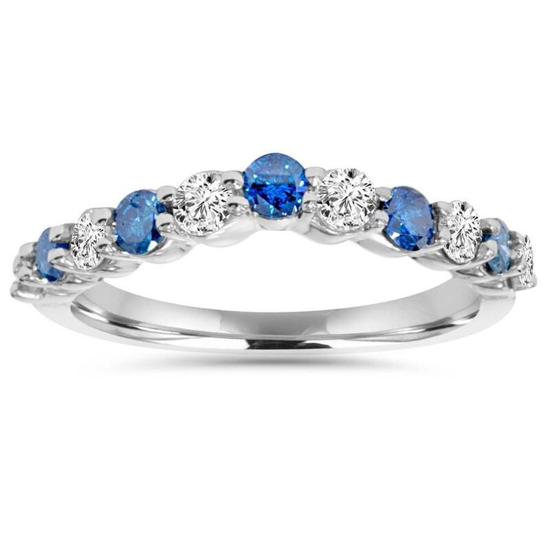 .85CT Blue & White Diamond Curved Wedding Ring White Gold