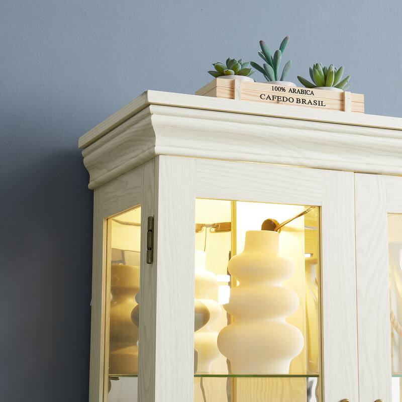 Lighted Glass Curio Display Cabinet,Display Cabinet,Storage Cabinet Wine cabinet Wood Frame Toy Display for Living Room,Kitchen