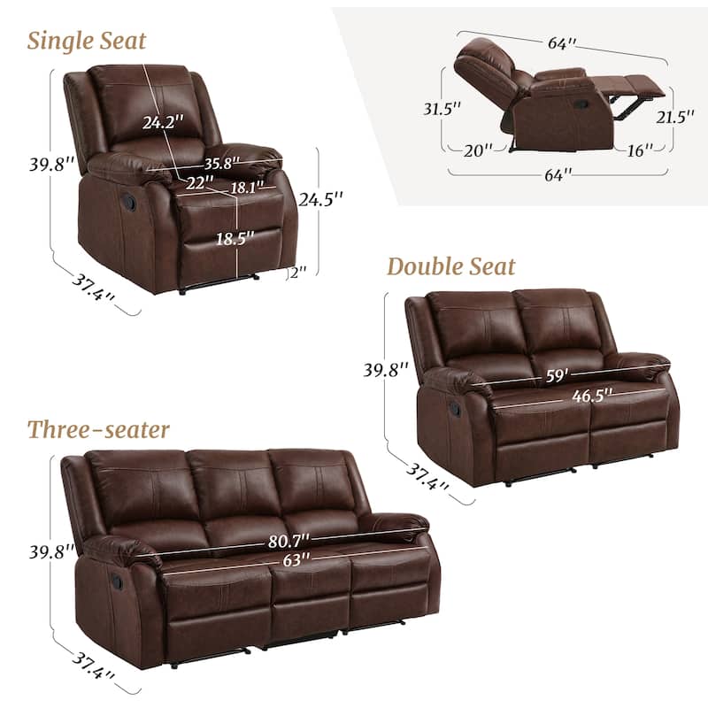 Manual 3-Piece Recliner Sofa Set, Modern Faux Leather Recliner Sofa, 3 Piece Couch Sets For Living Room