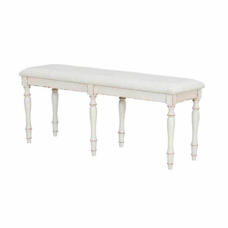 Vintage Traditional 50.4-Inch Upholstered Dining Bench with 6 Solid Wood Legs - Cream