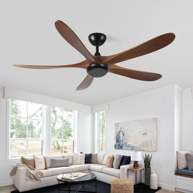 Solid Wood Reversible Ceiling Fan No Light with Remote Control, 62 Inch Low Profile Wood Ceiling Fan with 3 Down Rods