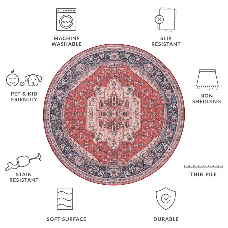 SAFAVIEH Tucson Machine Washable Slip Resistant Nevada Traditional Rug - 6' Round - Red/Navy