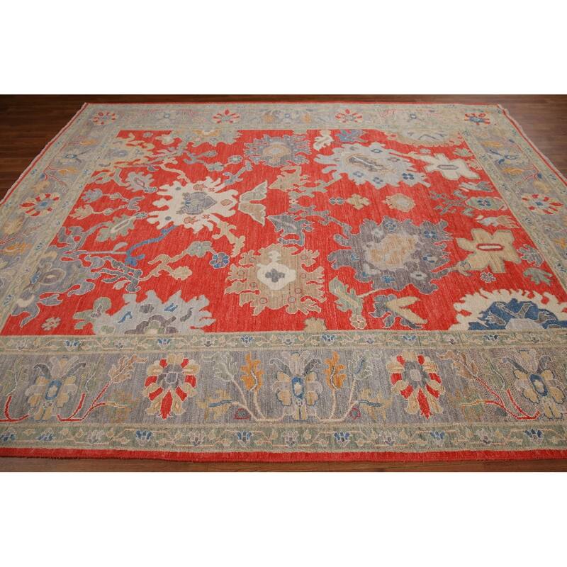 Red Floral Oushak Vegetable Dye Area Rug Handmade Wool Carpet - 8'2"x 9'11"