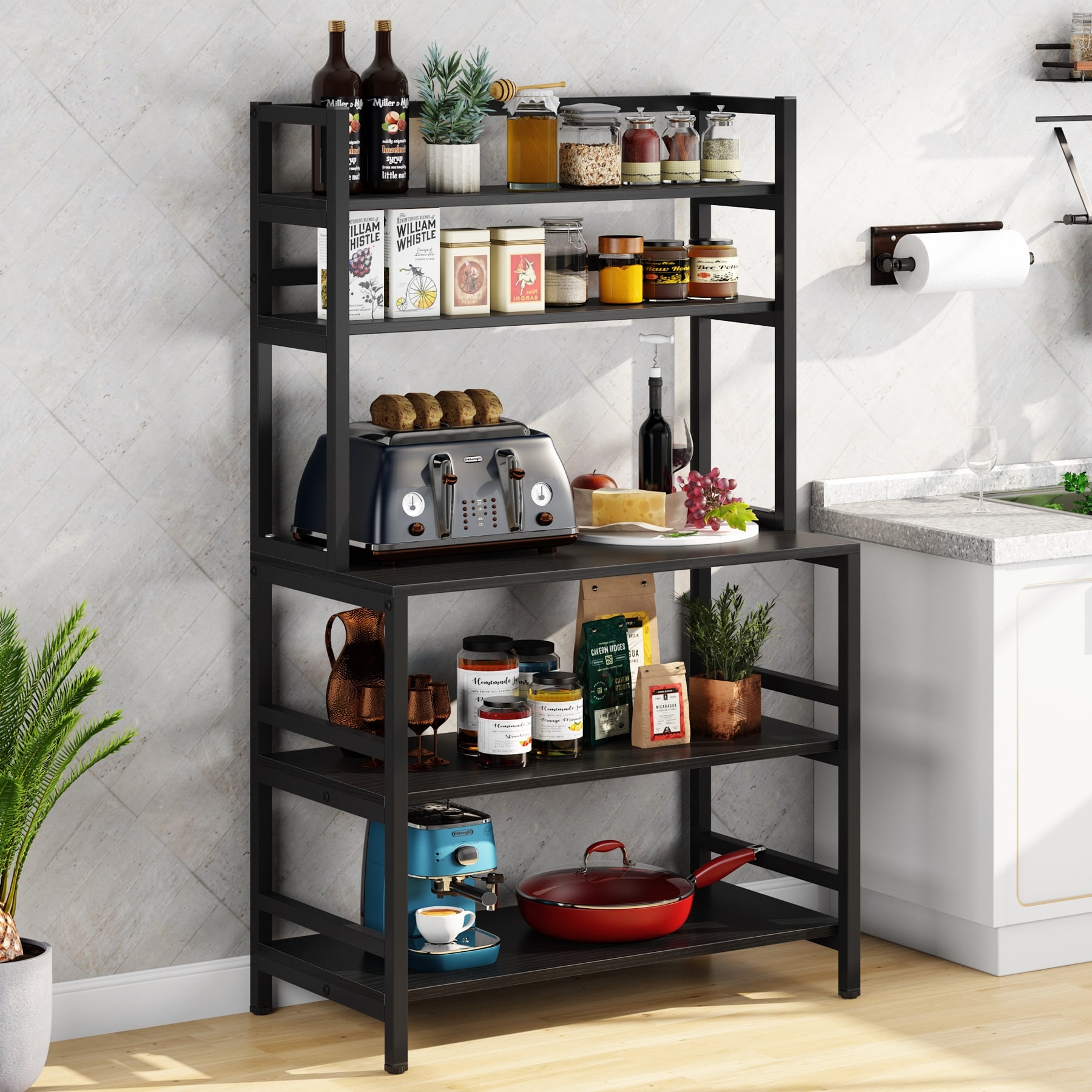 Tribesigns Bakers Rack with Storage for Kitchen 43 Inch Wide Large Racks  Shelves, 5-Tier Tall Utility Shelves Organizers and 10 Hooks