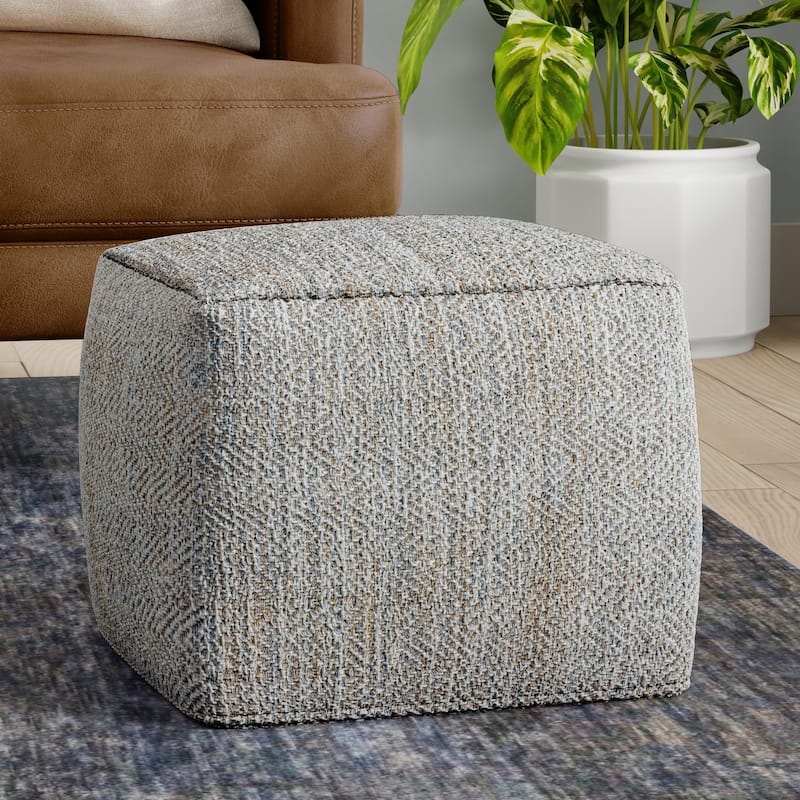 WYNDENHALL Terri 18 inch Wide Boho Square Pouf in Denim Melange Cotton - Grey Melange