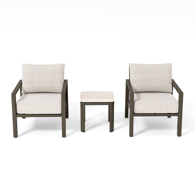 Nimbus 3-Piece Brown Aluminum Patio Conversation Set with Sunbrella Light Gray Cushions and Side Table