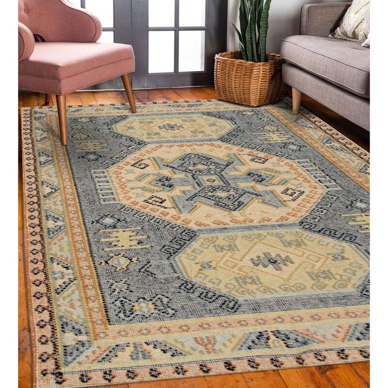 Blue Handwoven Wool High-Low Kilim Rug by EORC | Stylish and Textured