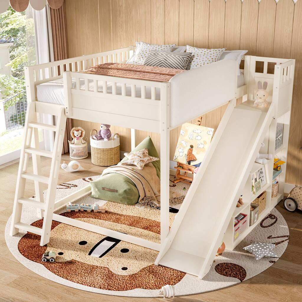 Roomfitters Loft Bed with Upholstered Headboard and Slide, Storage Shelves and Ladder