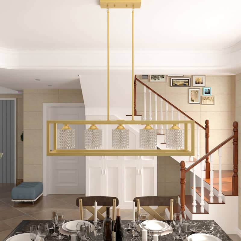 Mid-century Modern 5-light Gold Rectangle Dining Room Chandelier with Crystal Glass - UL - 37 inches - 37 inches - Satin Gold