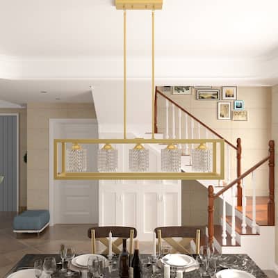Mid-century Modern 5-light Gold Rectangle Dining Room Chandelier with Crystal Glass - UL - 37 inches