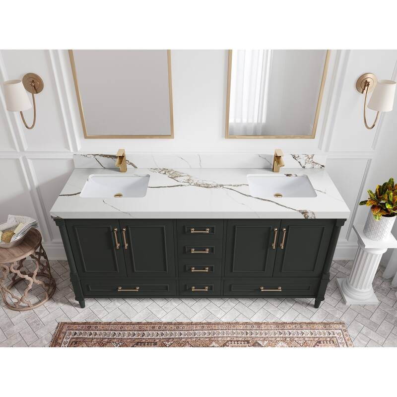 Willow Collections 72 in. W x 22 in. D Aberdeen Double Sink Bathroom Vanity with Countertops - 2" Calacatta Gold - Black Top