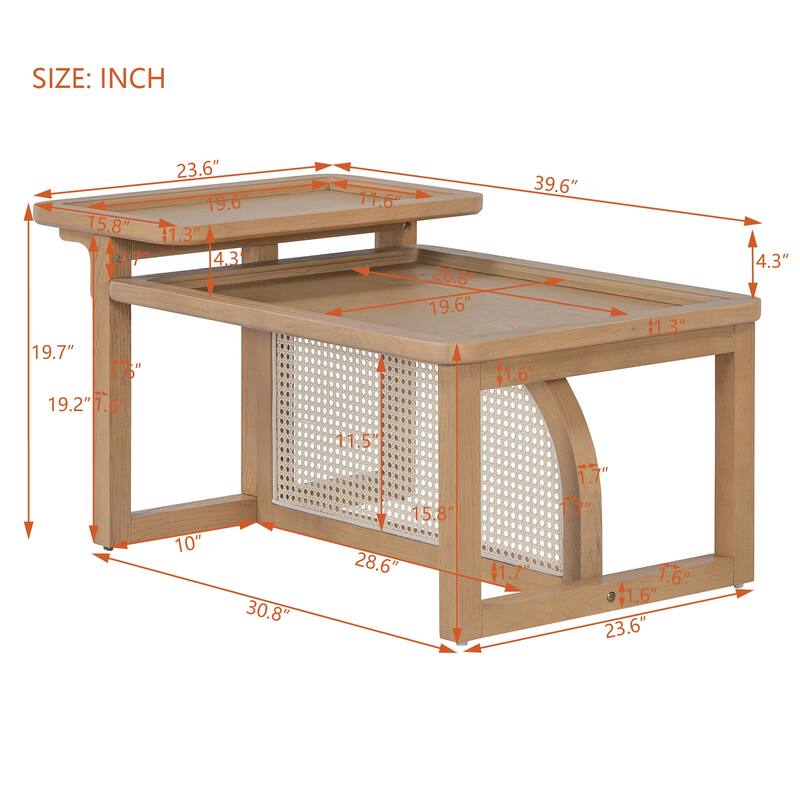 Modern 2 Piece Nesting Rattan Wood+ MDF Coffee Table Set in Natural