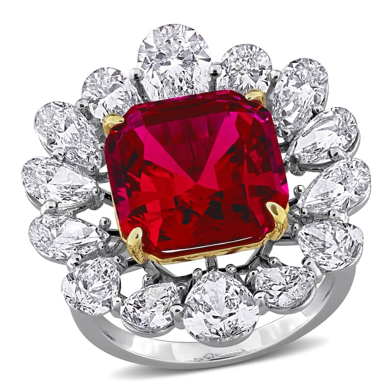 Miadora 11ct TGW Created Ruby 5 1/2ct TW Lab-Grown Diamond Flower Ring 18k Two-Tone Gold