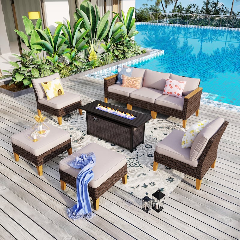 8-Piece Patio Outdoor Wicker Sectional Sofa Set, Large Seating Furniture Conversation Sets with Fire Pit Table
