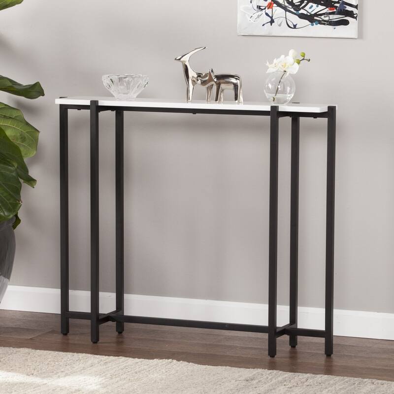 White Wood Black Metal Console Table Rectangular Frame Base Glossy - 36" L x 8" W x 29.75" H