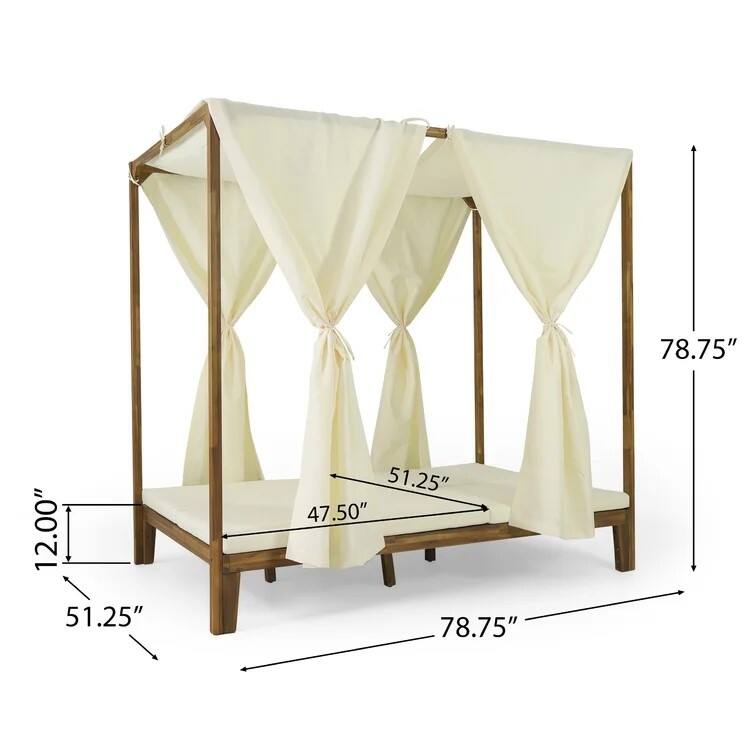 Kenzie Acacia Wood Daybed with Waterproof Cushions & Shade Curtains - 79" Outdoor Lounger
