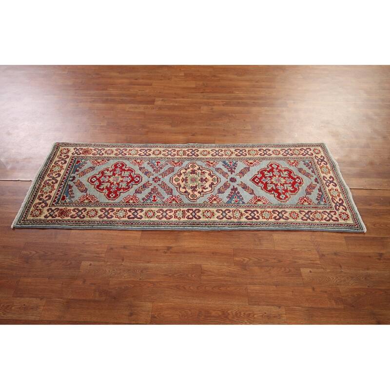 Light Blue Kazak Oriental Runner Rug Handmade Wool Carpet - 2'1" x 5'10"