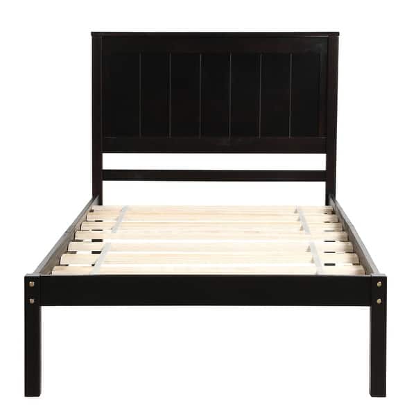 slide 2 of 8, Espresso Wooden Twin Size Platform Bed Frame with Headboard and Slat Support