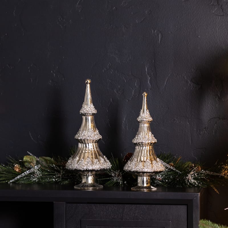 Set of 2 Silver Glass Beaded Christmas Trees Tabletop Holiday Decor - 5.5” x 5.5” x 14”