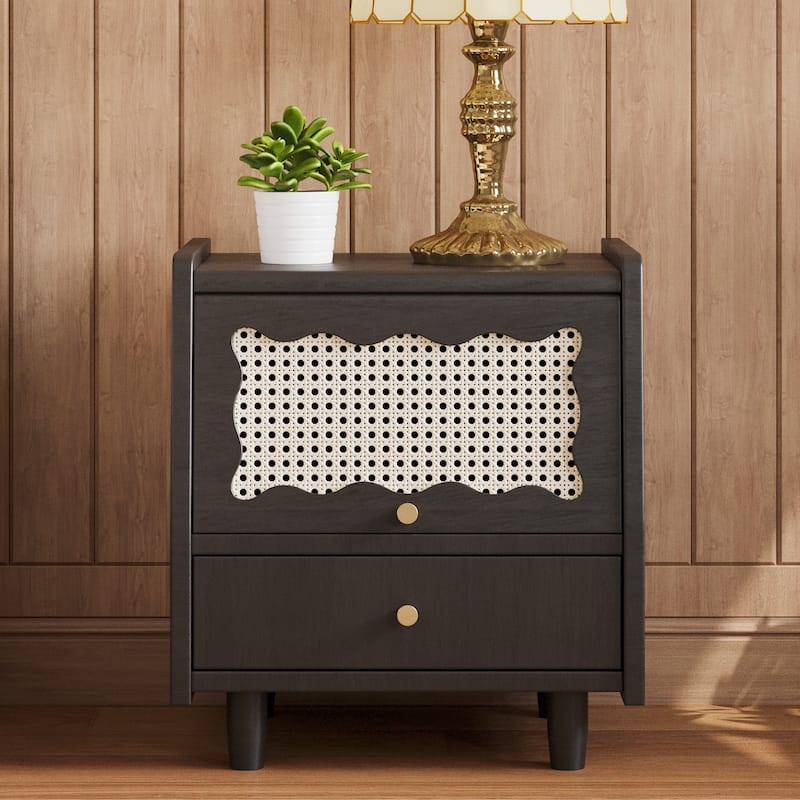 Nightstand with Rattan-Woven Door for Bedroom - Black