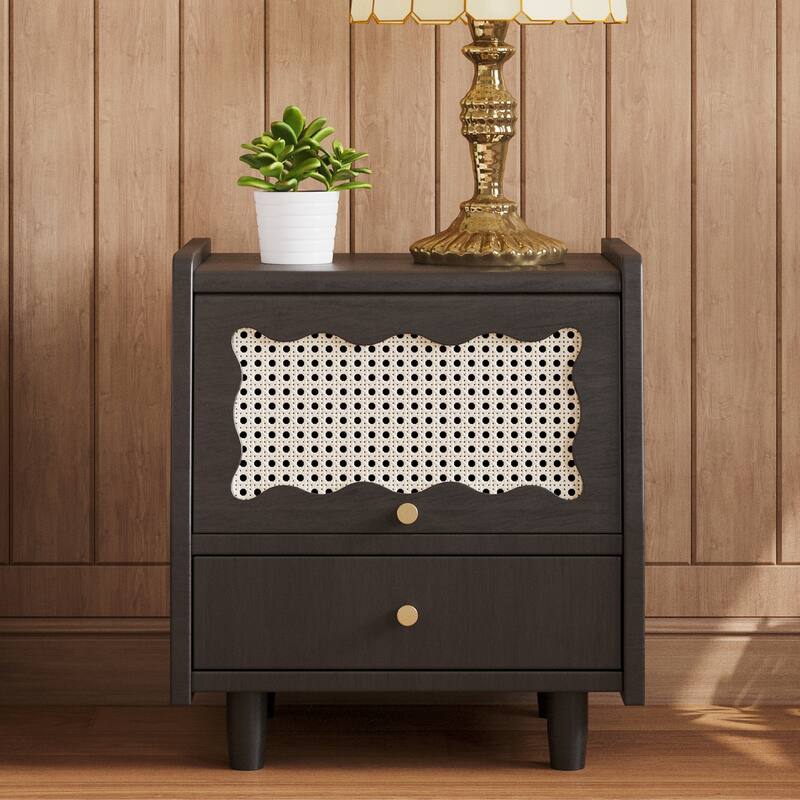 Wooden Nightstand With Rattan-Woven Storage Cabinet And 1 Drawer