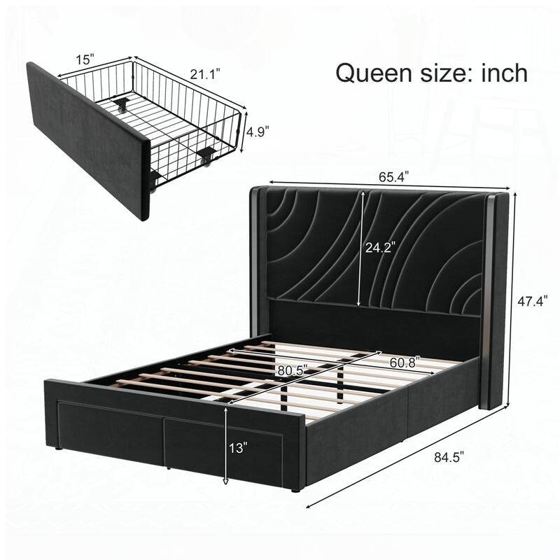 Velvet Platform Bed with Wingback Headboard and RGB Light