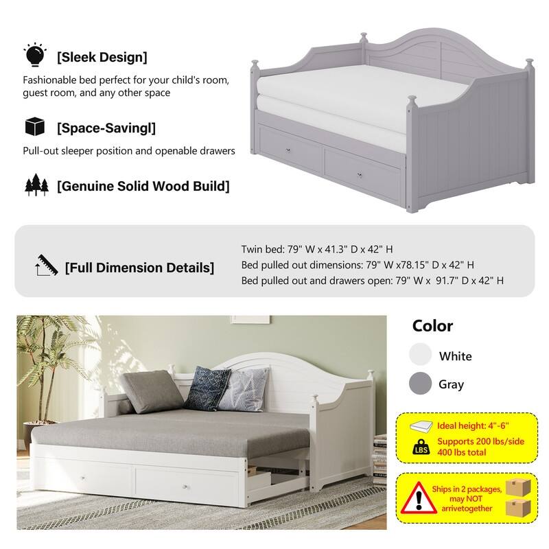 Twin Size Wood Daybed Extended Bed with Storage Drawers Wooden Sofa Bed