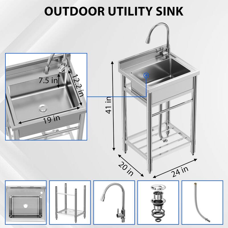24"x20"x41" Single Bowl Stainless Steel Utility Sink with Pull-Out Faucet