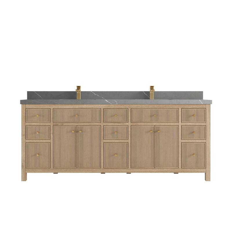 Willow Collections 84 in. W x 22 in. D Sonoma Teak Double Sink Bathroom Vanity with Countertop - 2” Piatra Gray - Distressed Light Graywashed 