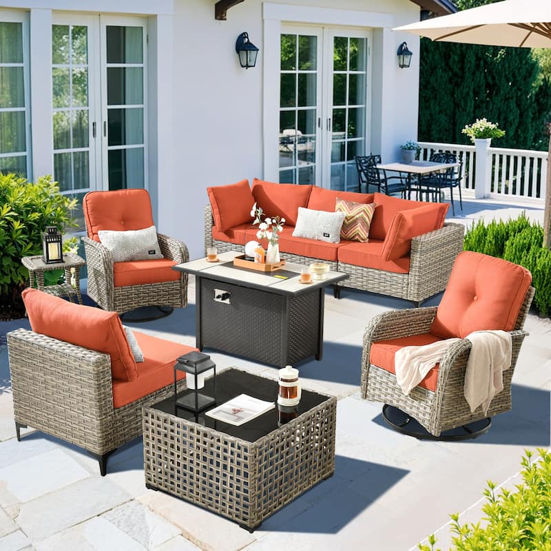 HOOOWOOO 9-piece Wicker Outdoor Patio Furniture Fire Pit Set with Swivel Chairs
