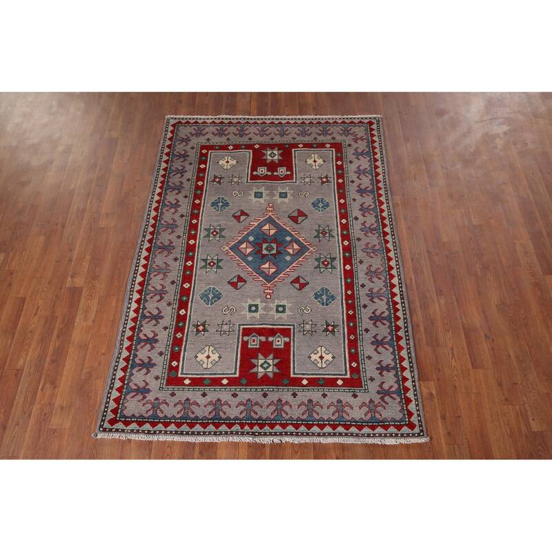 Hand Knotted Oriental 100% Wool Carpet Traditional Geometric Greys & Charcoal Kazak Area Rug - 6' 0'' X 4' 2''