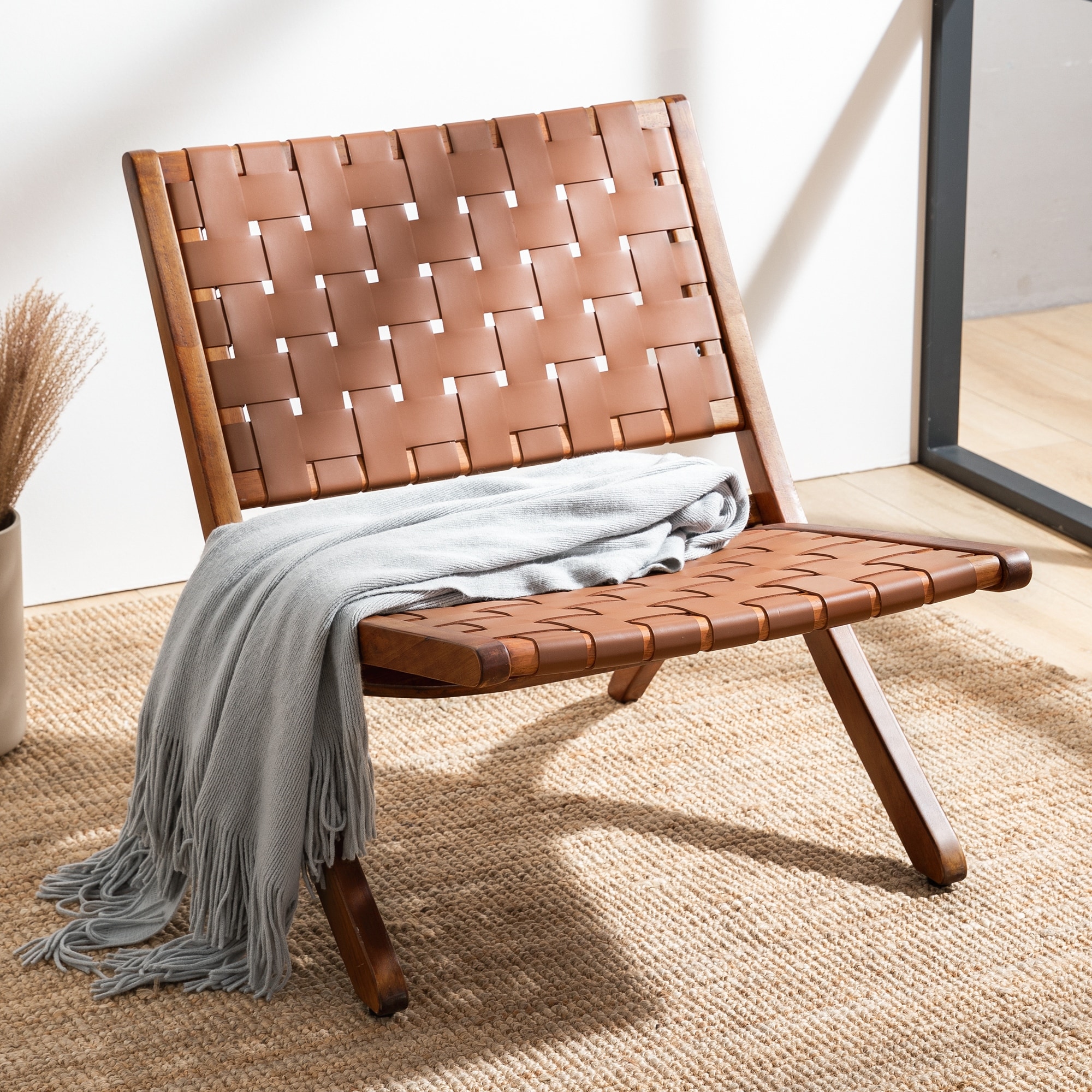激安ショップ 食品 LUE BONA Leather Cognac Chair Accent Woven Wood Mid-century ダイニングチェア
