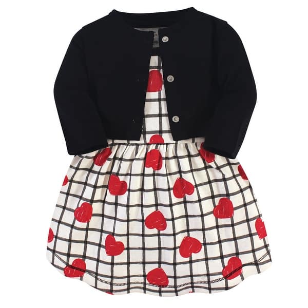 slide 1 of 1, Touched by Nature Baby and Baby Girl Organic Cotton Dress and Cardigan 2pc Set, Black Red Heart 0-3 Months - Black Red Heart