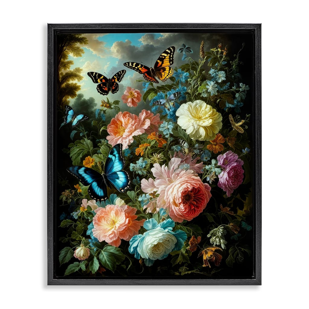 Stupell Blooming Roses & Monarch Butterflies Framed Floater Canvas Wall Art Design By Tabz Jones