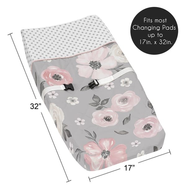 Grey Watercolor Floral Collection Girl Changing Pad Cover - Blush Pink Gray White Shabby Chic Rose Flower Polka Dot Farmhouse