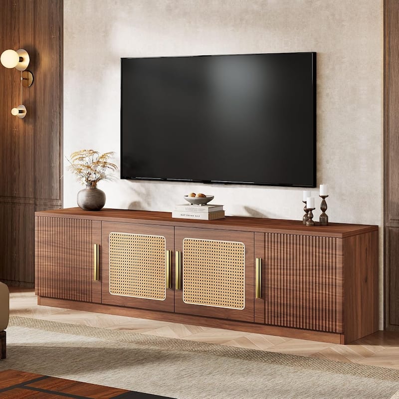 70.9" TV Console, Rattan Entertainment Center with 6 Storage Shelf and Cabinet - 70.87" W x 13.78" D x 17.72" H - Walnut Brown