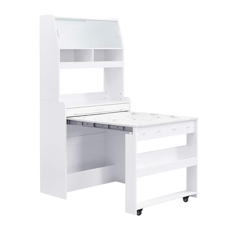 Multifunctional Buffet Hutch and Foldable Dining Table with Storage Unit and Rolling Wheels for Small Spaces