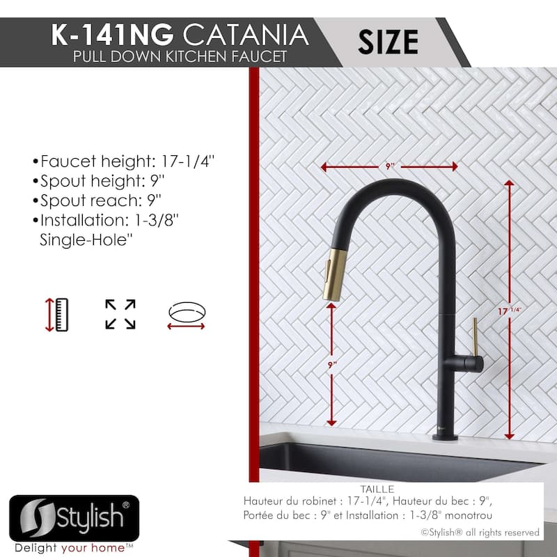 Single Handle Pull-Down Sprayer Kitchen Faucet K-141 - Height: 17.25" Spout H: 9" Spout R: 9"