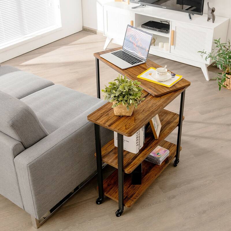 Gymax Sofa Side End Table Rotating Bookcase Patented w/ Wheels Brown - See Details