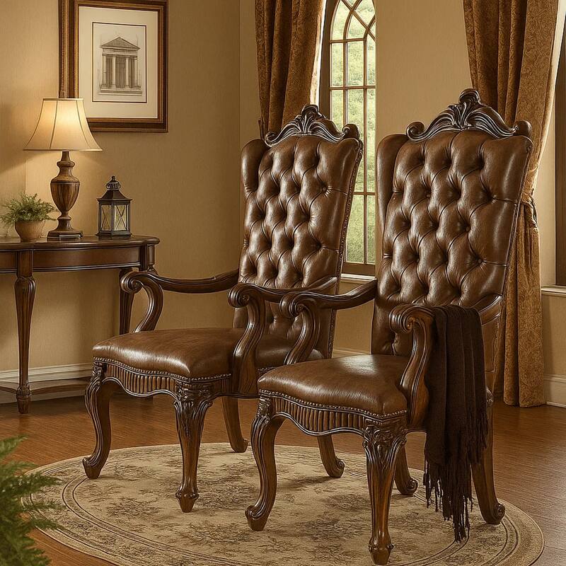 Wooden Arm Chair with Button Tufted Backrest and Carved Details, Set of 2, Brown