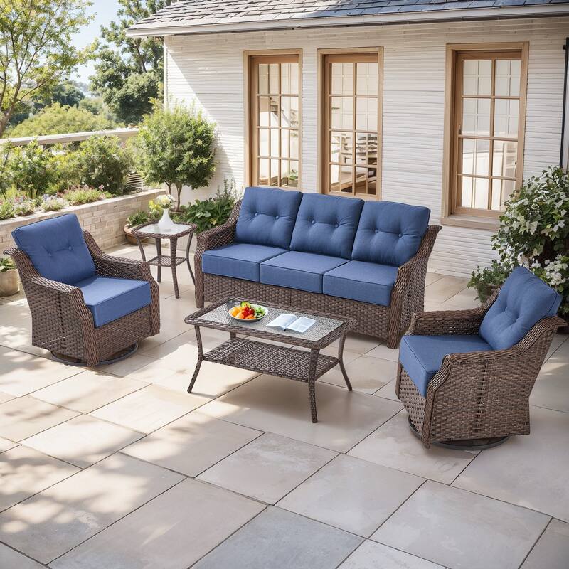 Gymojoy Wicker Patio Furniture Sofa Set, 6-Inch Ultra Thick Cushioned 360°Swivel Glider Chairs & Sofa Set - Brown Wicker / Blue Cusion - 5-Piece