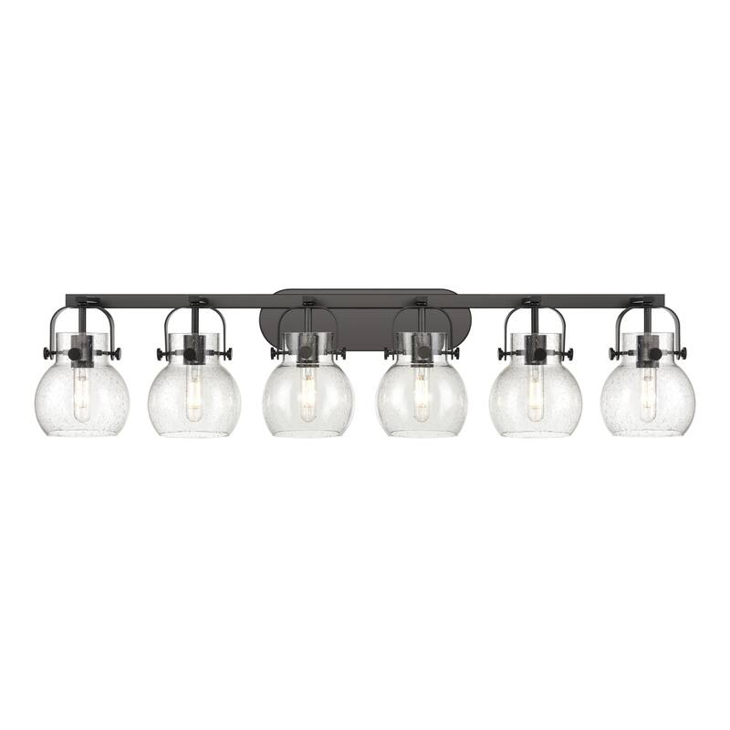 Innovations Lighting Pilaster II Sphere - 6 Light 46" Wall-Mounted Bath Vanity Light - Seedy/Matte Black