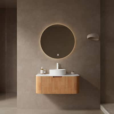 36" Single Sink Bathroom Vanity Cabinet, Round Ceramic Basin, Natural - 36 Inch