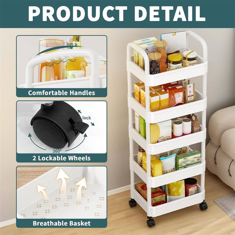 5-Tier Rolling Cart - 16"D x 11.4"W x 53"H