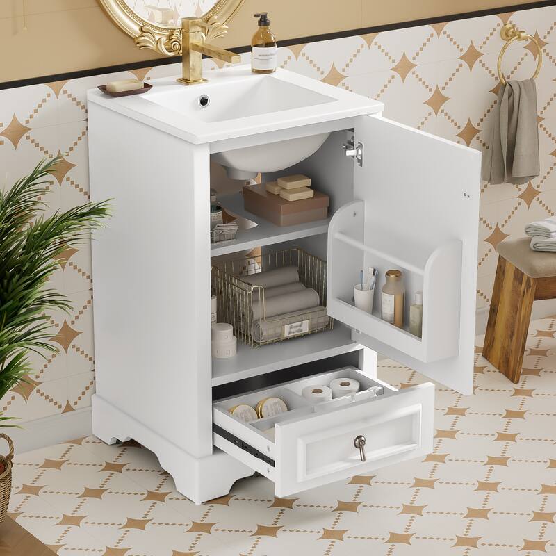 20" Bathroom Vanity with Ceramic Sink Bathroom Storage Cabinet with Adjustable U-Shaped and Drawer