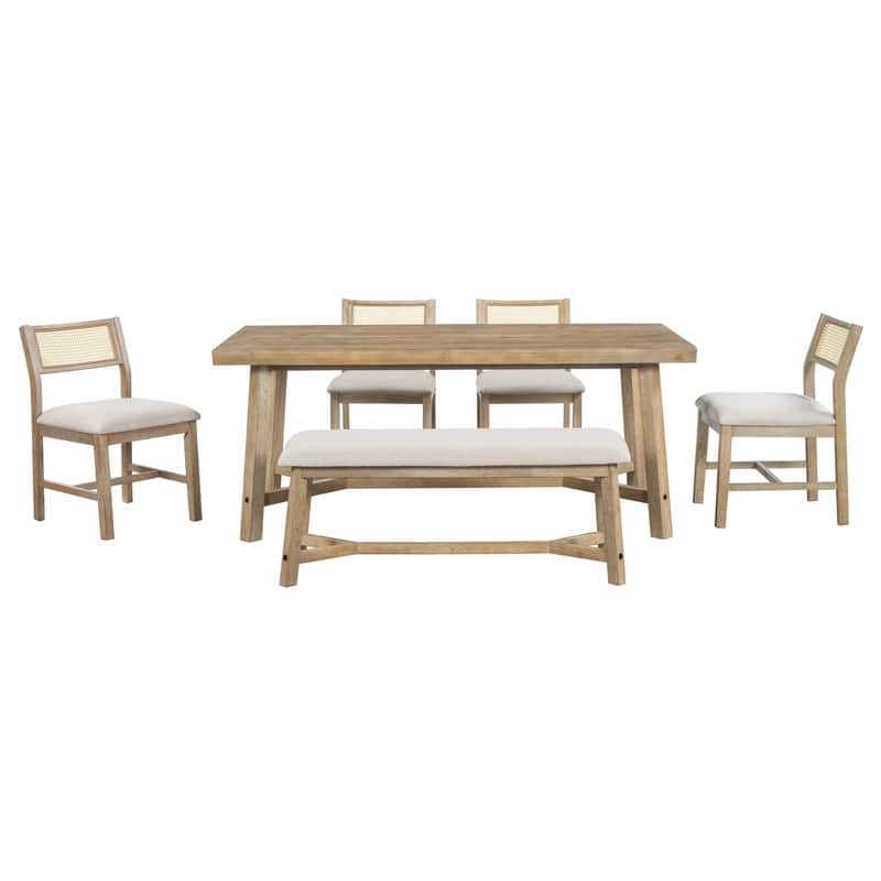 6-piece Retro Farmhouse Style Dining Set, Rectangular Table and 4 Upholstered Chairs with Rattan and Bench