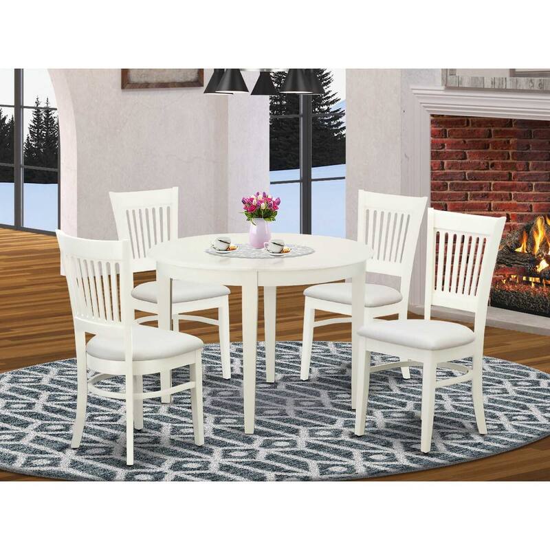 5-Piece Linen White Finish Solid Wood Top - Round Dining Room Set - Seats 4